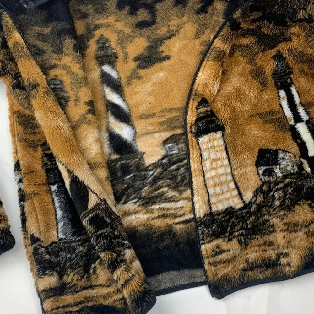 Whimzicals size large USA Lighthouse Print Fleece Jacket zip up long sleeve